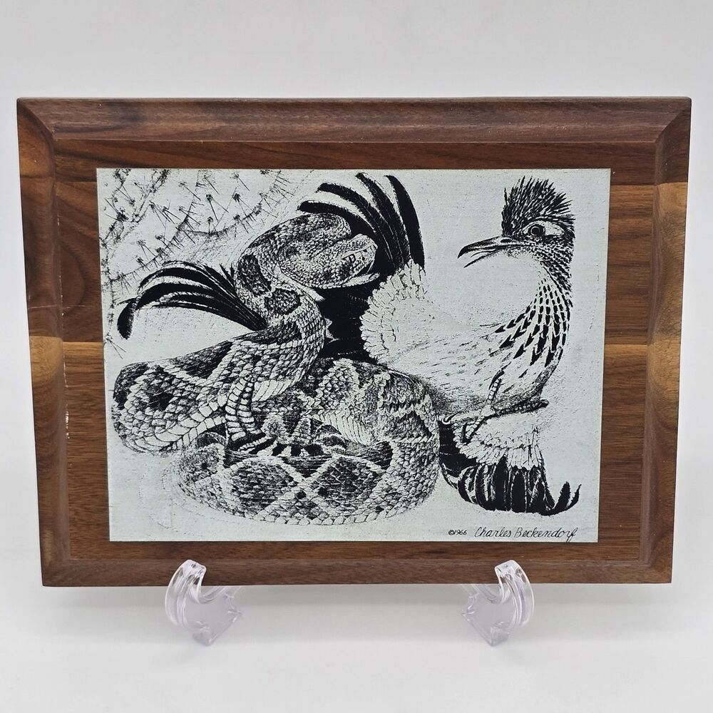 1966 Charles Beckendorf Metal Etching on Wood Base Rattlesnake & Roadrunner